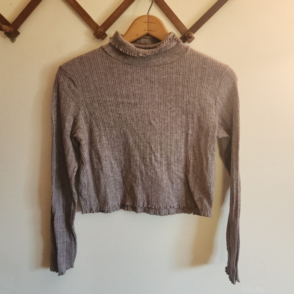 Madewell Ribbed Mock Neck Crop Top Mauve Purple Gray Lettuce Hem Medium